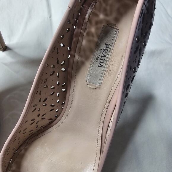 Prada Womens Vernice Cipria Blush Nude Pink Laser Cut Floral High Heels 38.5 - Picture 4 of 15